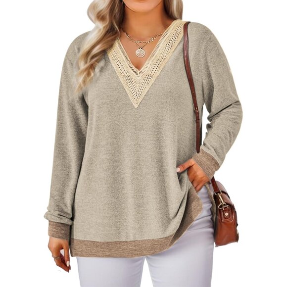 Plus Size Womens Sweatshirt Long Sleeve Lace Trim V Neck Color Block - Picture 1 of 4